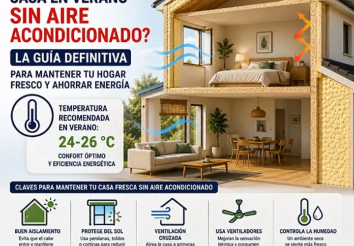 Guía para mantener tu casa fresca en verano sin aire acondicionado. Temperatura recomendada: 24-26°C. Consejos: aislamiento, protección solar, ventilación cruzada, ventiladores y control de humedad.
