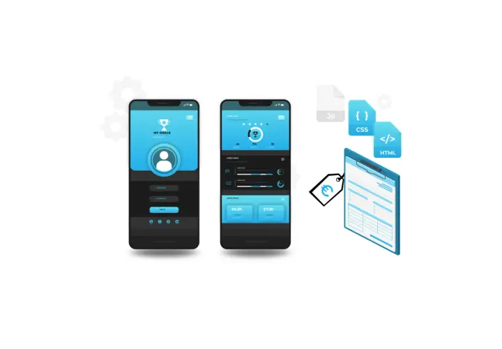 Deux maquettes d'applications mobiles bleues et noires, avec des icônes de code (JS, CSS, HTML) et un presse-papiers, illustrant le processus pour coder une application mobile.