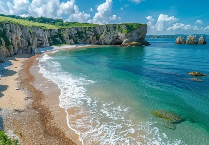 Plage de galets et falaises verdoyantes sous un ciel bleu avec des nuages blancs. Mer turquoise.