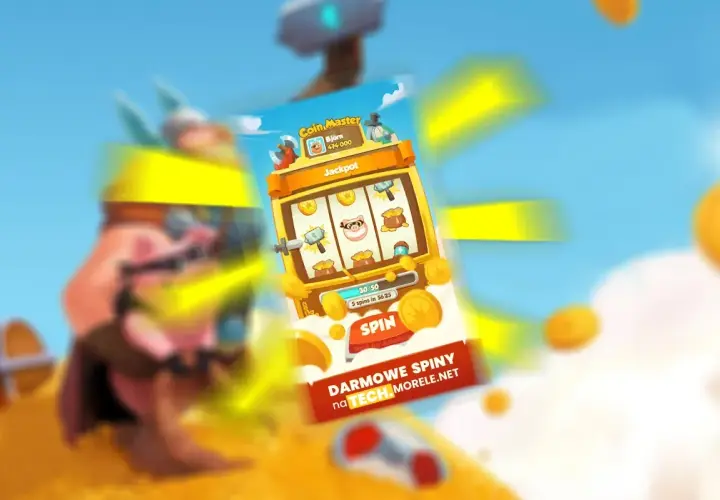 Gra Coin Master z automatem do gry i napisem "DARMOWE SPINY". Zdobądź swoje darmowe spiny!