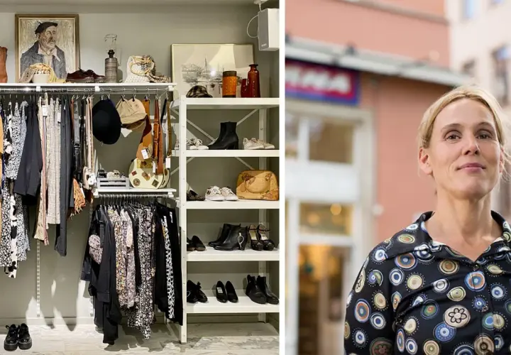 Här finns myrorna lediga jobb! En butik fylld med kläder och skor, och en kvinna utanför.