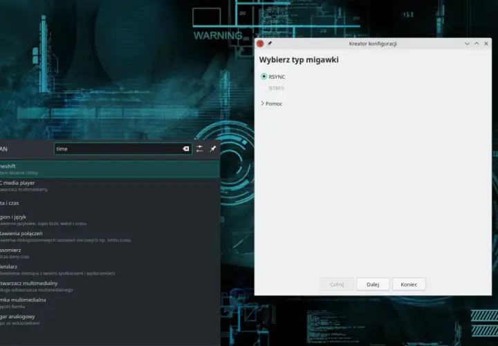 Okno "Kreator konfiguracji" z opcją wyboru typu migawki (RSYNC, BTRFS) i menu systemowym po lewej.
