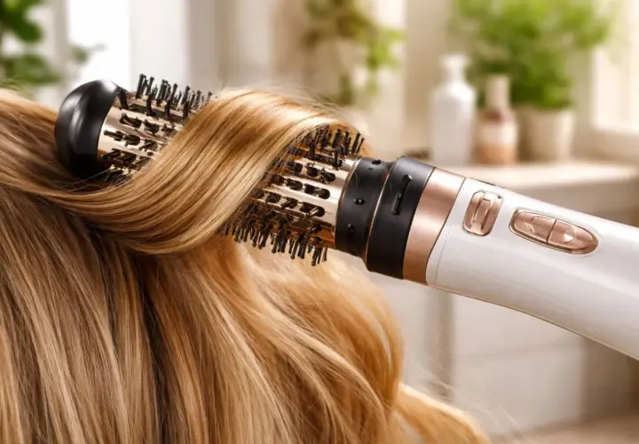 Suszarko-lokówka stylizuje blond włosy, tworząc efekt salonowy.