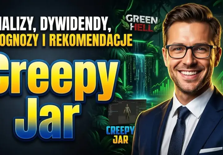 Uśmiechnięty mężczyzna w garniturze, na tle dżungli i wykresów. Napis "Creepy Jar" sugeruje analizy i prognozy.
