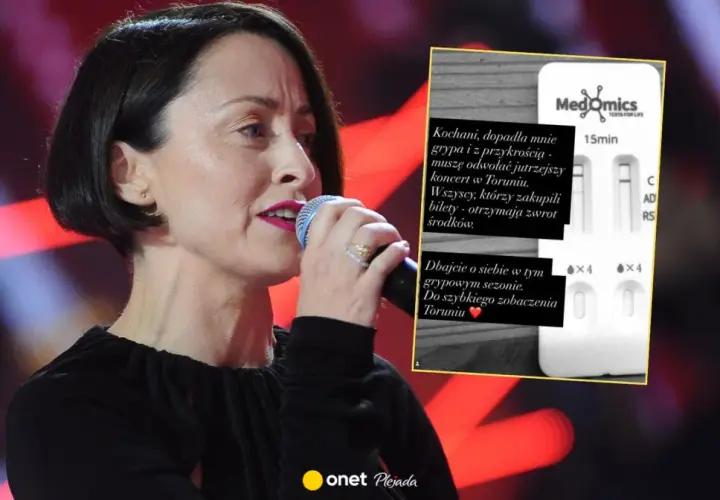 Natalia Przybysz odwołała koncert w Toruniu z powodu grypy. Na zdjęciu wokalistka z mikrofonem i testem medycznym.
