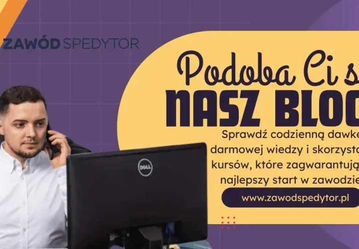 Mężczyzna rozmawia przez telefon, siedząc przy biurku. Logo "Zawód spedytor" i zachęta do odwiedzenia bloga.