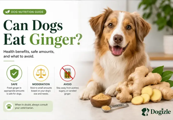 A dog nutrition guide asks "Can Dogs Eat Ginger?" showing a happy dog, fresh ginger, and advice on safe amounts and what to avoid.