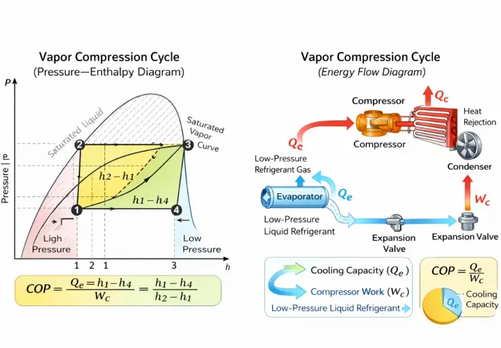Diagrama del ciclo de compresión de vapor, mostrando el diagrama P-H y el flujo de energía. Incluye la fórmula del COP de refrigeración.