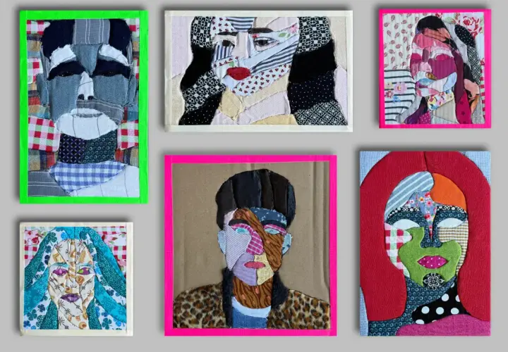 Sechs Patchwork-Porträts, inspiriert von digitalen Kunstideen, zeigen Gesichter aus Stoffresten.