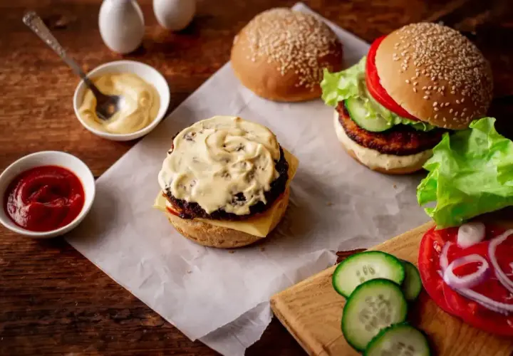 Pyszne hamburgery w trakcie przygotowania. Na stole sosy, bułki i świeże ogórki do hamburgerów.