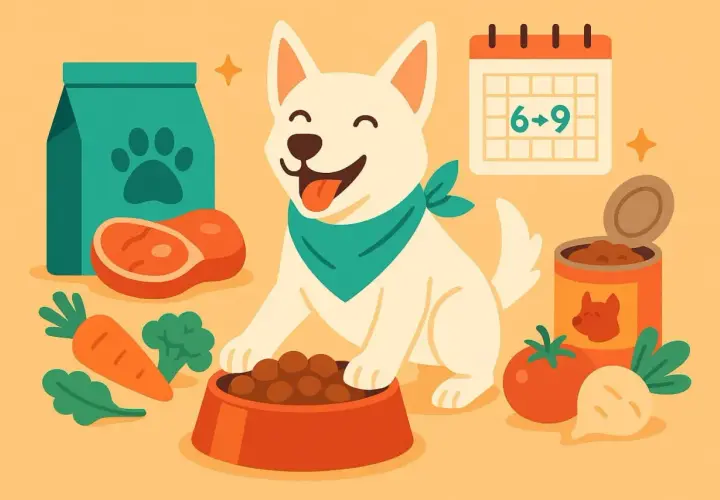 Glücklicher Hund mit Futter, Kalender und Zutaten. Die Futterumstellung Hund wird hier bildlich dargestellt.