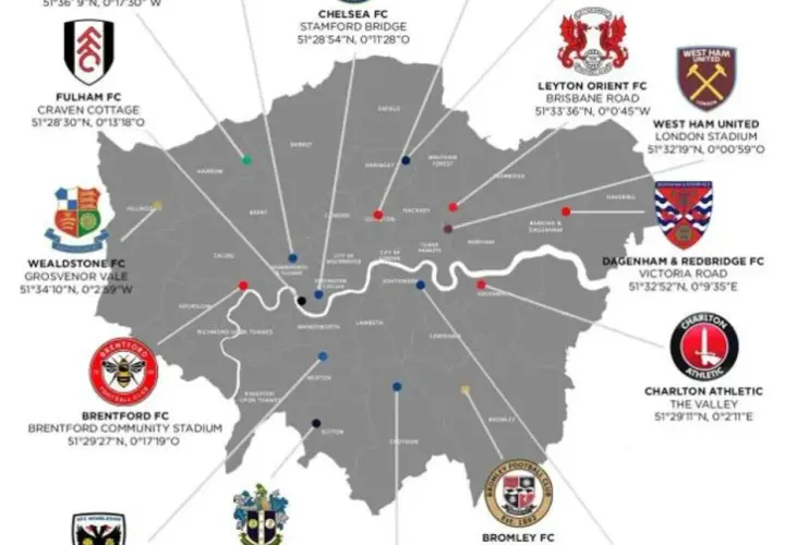 Mapa Londynu z zaznaczonymi klubami piłkarskimi. Od Fulham po Charlton, poznaj lokalizację znanych klubów z Londynu.