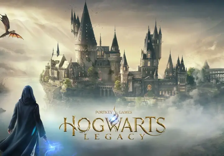 Magiczny zamek Hogwart, smok i postać z różdżką. To zapowiedź gry Hogwarts Legacy, idealna do poradnika.