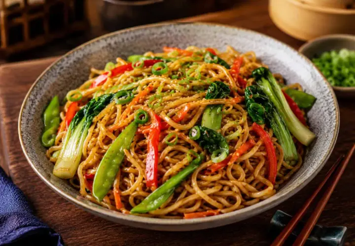 Pyszny makaron chow mein z warzywami, posypany sezamem i szczypiorkiem. Idealny na szybki obiad.