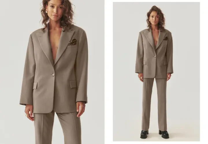 Eleganckie stylizacje z marynarką oversize. Modelka prezentuje beżowy garnitur z luźną marynarką i dopasowanymi spodniami.