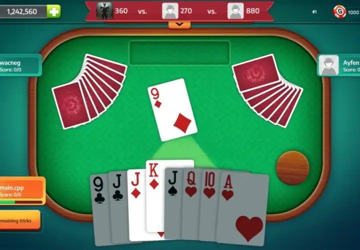 Gra w tysiaca: na stole karta 9 karo, gracze mają karty 9, J, J, K, J, Q, 10, A.