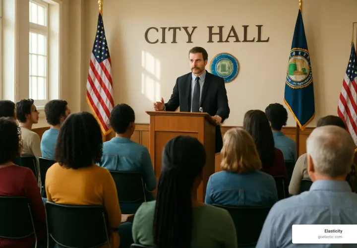 A man speaks at a podium in a City Hall, addressing an audience. This scene depicts one of many federal government conferences.