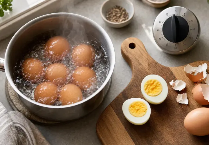 Des œufs à la coque parfaits mijotent dans une casserole d'eau bouillante. Sur une planche à découper, deux œufs coupés révèlent un jaune coulant, prêts à être dégustés.