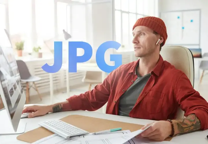 Grafik pracuje przy komputerze, nad projektem. Duży napis JPG sugeruje format pliku.