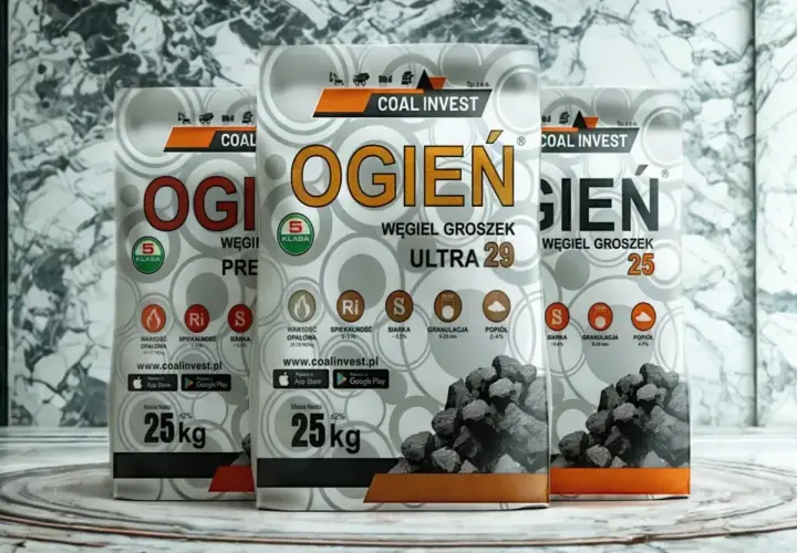 Trzy worki węgla "Ogień" od Coal Invest. Opakowania informują o parametrach, takich jak wartość opałowa i granulacja, ułatwiając zapisy na węgiel.
