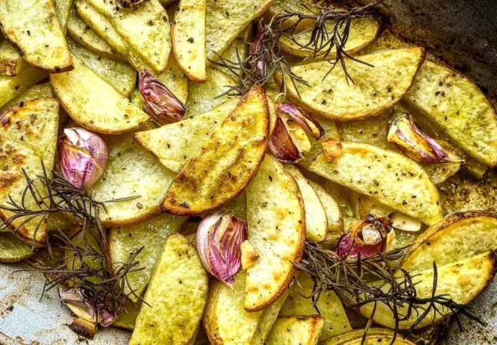 Patatas rústicas asadas con ajo y romero, doradas y crujientes en una bandeja.