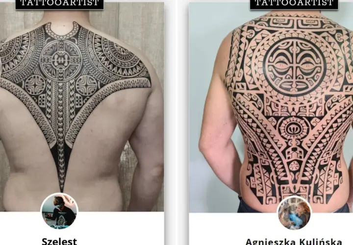 Plecy mężczyzny pokryte skomplikowanym, czarnym tatuażem w stylu plemiennym. Wzory obejmują całe plecy i sięgają na ramię.