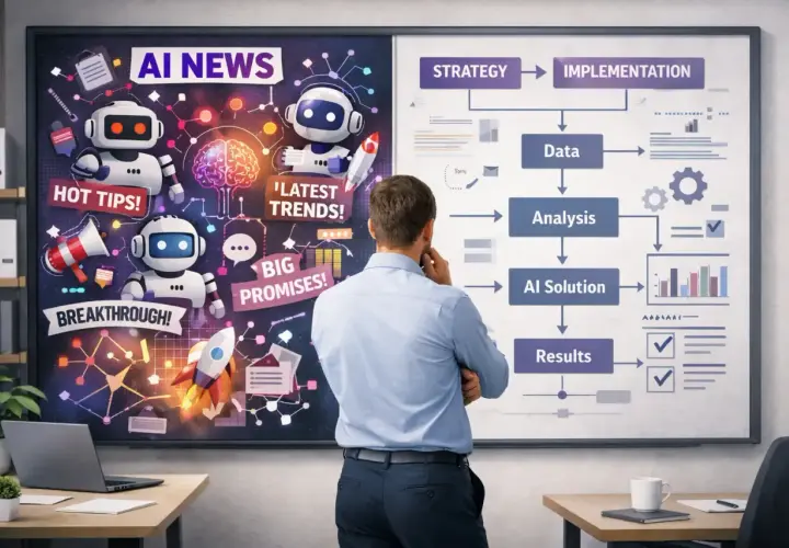 Mężczyzna analizuje tablicę z informacjami o ai sztucznej inteligencji: "AI NEWS", roboty, wykresy i proces od strategii do wyników.