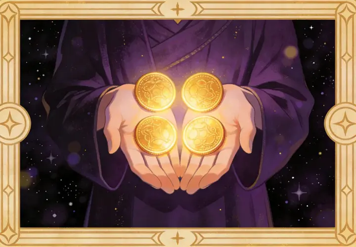 Dłonie trzymają cztery złote monety, symbolizujące bogactwo i stabilność. To karta 10 monet tarot, zapowiadająca dobrobyt.