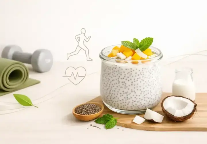 Pudding chia z mango i kokosem, idealny po treningu. Obok leżą hantle i mata.
