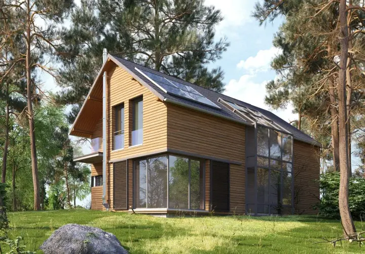 Maison en bois avec panneaux solaires sur le toit, un exemple parfait pour rendre sa maison écologique.