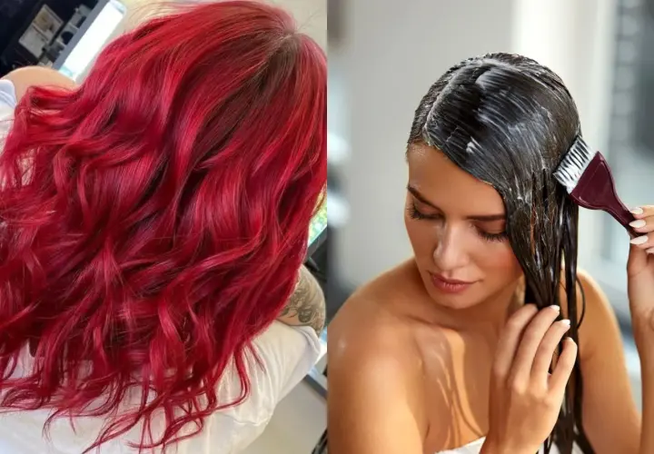 Cabello vibrante rojo intenso y una mujer aplicándose un tratamiento capilar. Un antes y después de un baño de color.
