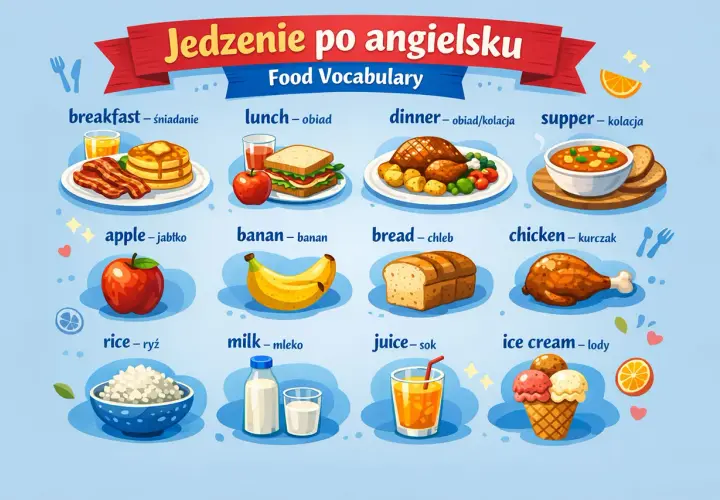Ilustracja przedstawia różne rodzaje jedzenia po angielsku: śniadanie, obiad, kolację, jabłko, banana, chleb, kurczaka, ryż, mleko, sok i lody.