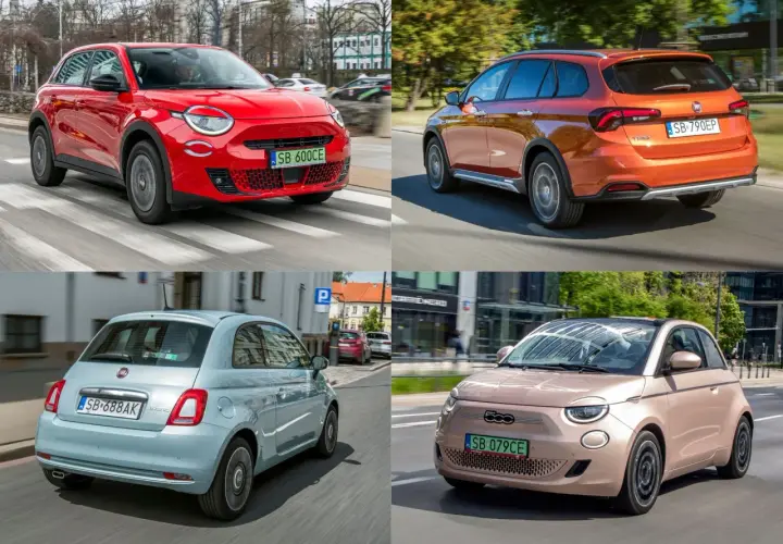 Kolaż czterech modeli Fiat: czerwony 500X, pomarańczowy Tipo kombi, błękitny 500 Hybrid i różowy elektryczny 500.