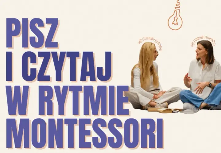 Dwie kobiety rozmawiają, a nad nimi napis "Pisz i czytaj w rytmie Montessori". Idealne, by jak nauczyc dziecko liter.
