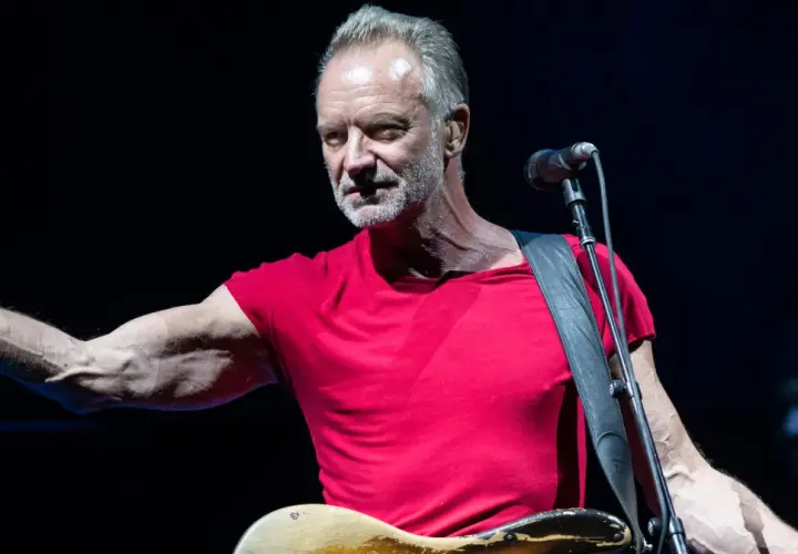 Sting w czerwonej koszulce, z gitarą i mikrofonem, jakby śpiewał o swoich dzieciach.