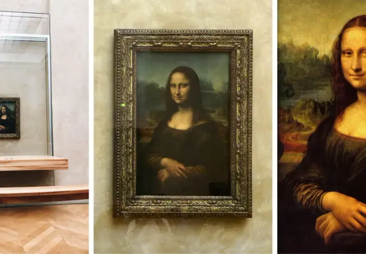 Mona Lisa w Luwrze, jeden z wielu eksponatów. Obraz Leonarda da Vinci w złotej ramie.