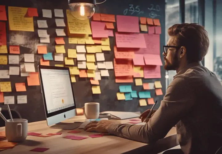 Mężczyzna przy biurku z komputerem i tablicą pełną karteczek. Planuje strategię, która opiera się na permission marketing, by zdobyć zaufanie klientów.