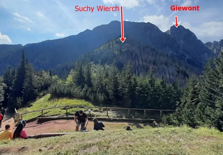 Widok na góry Suchy Wierch i Giewont. Ludzie odpoczywają na szlaku, podziwiając sarnią skałę i jej wysokość.