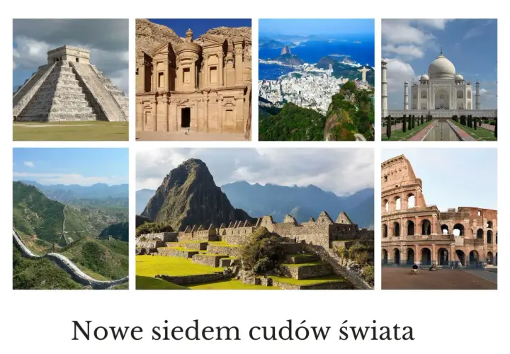 Kolekcja 7 cudów świata UNESCO: piramida Chichen Itza, Petra, Rio de Janeiro, Tadź Mahal, Wielki Mur Chiński, Machu Picchu, Koloseum.