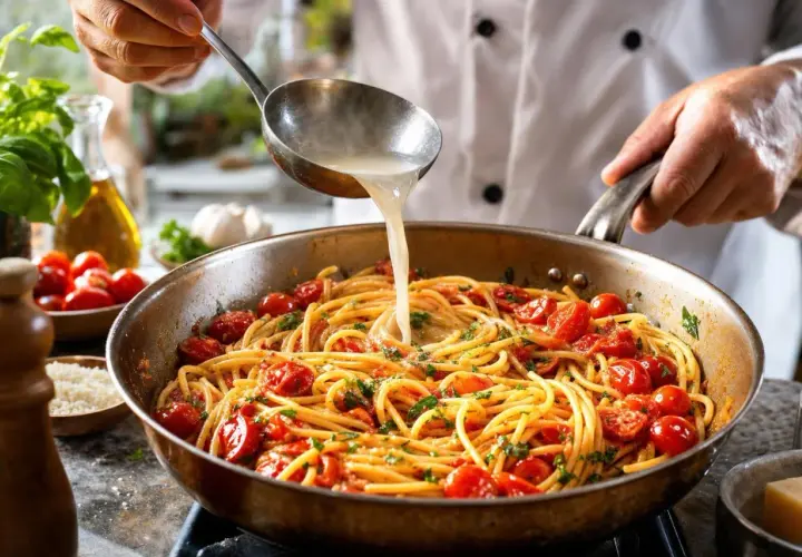 Un chef ajoute du bouillon à des spaghetti aux tomates cerises, un plat typique des recettes pâtes italiennes traditionnelles.