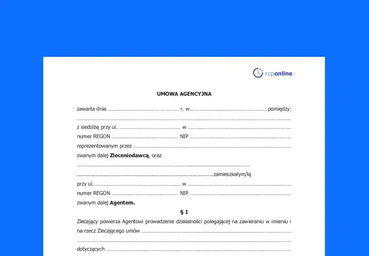 Umowa agencyjna: dane Zleceniodawcy i Agenta, powierzenie prowadzenia działalności polegającej na zawieraniu umów.