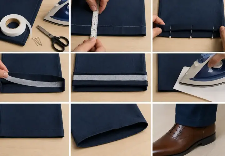 Réaliser un ourlet de pantalon facilement avec un **thermocollant sans fer à repasser**. Mesure, pliage, épingles, bande thermocollante et repassage.
