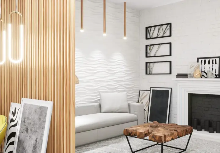 Nowoczesny salon z białym kominkiem, sofą, drewnianą ścianą i designerskimi lampami.