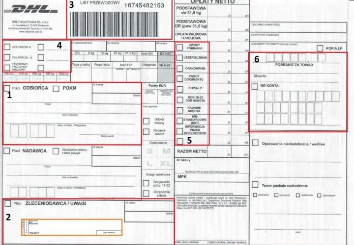 DHL list przewozowy z danymi nadawcy, odbiorcy i szczegółami przesyłki.