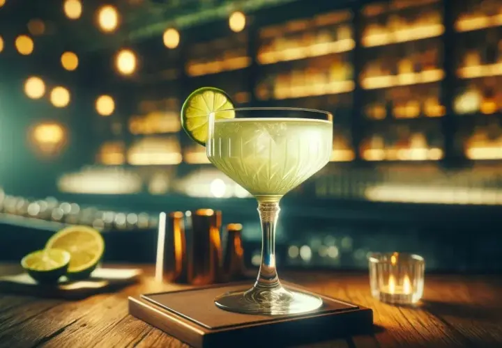 Orzeźwiający gimlet drink z plasterkiem limonki, podany w eleganckim kieliszku na tle rozmytego baru.