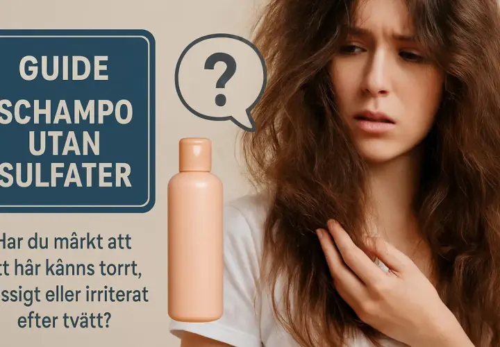 En kvinna med torrt, frissigt hår ser fundersam ut bredvid en flaska sulfatfritt schampo. En guide om schampo utan sulfater.