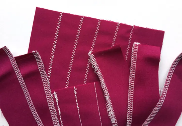 Swatches of magenta fabric show various stitch types, demonstrating adjusting tension on a sewing machine for different seam finishes.