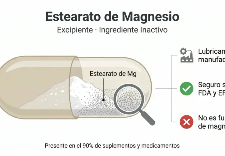 Cápsula abierta mostrando polvo blanco, identificado como estearato de magnesio, un lubricante de manufactura seguro.