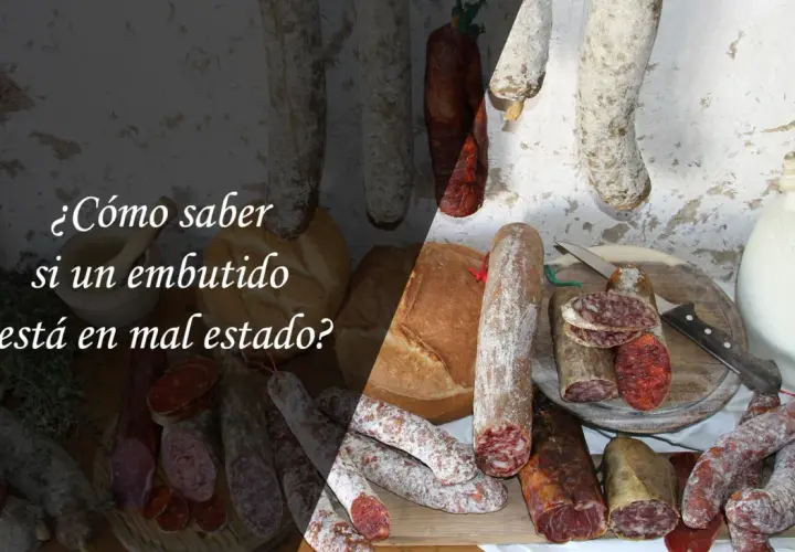 Variedad de embutidos, algunos con moho, pan y ajos. El texto pregunta: "¿Cómo saber si un embutido está en mal estado?".