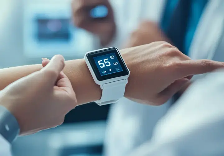 Biały smartwatch pokazuje 55 uderzeń na minutę, monitorując tętno spoczynkowe.